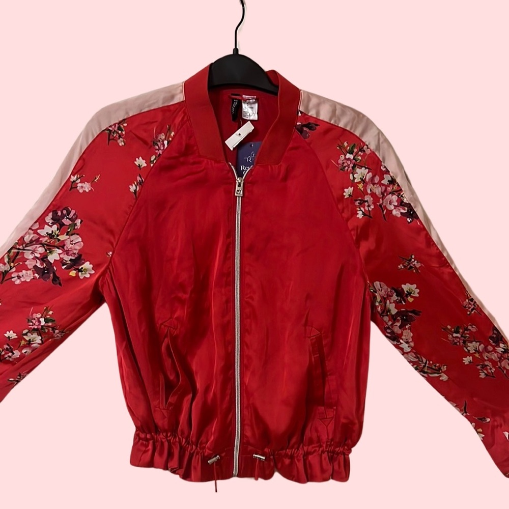 H&M Red Bomber Jacket with Floral Embroidery